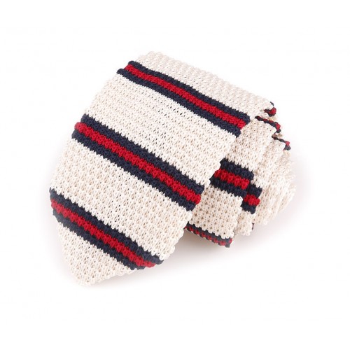 Beige, Red & Navy Striped Knit Pointed Tie